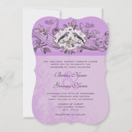 Violet Vintage Birds Oak Tree Scroll Wedding Invitation
