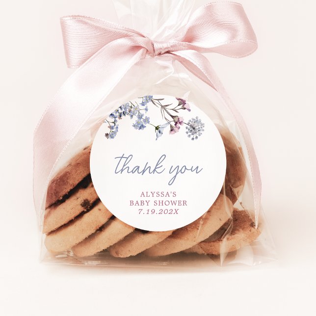 Violet Vintage Wildflower Baby Shower Classic Round Sticker (Violet Vintage Wildflower Baby Shower Classic Round Sticker)