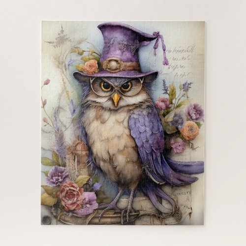 Violet Visionary Whimsical Owl with Glasses Jigsaw Puzzle