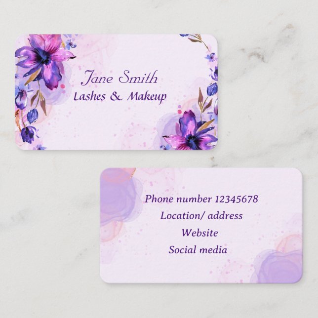 Violet watercolor abstract flowers business card (Front/Back)