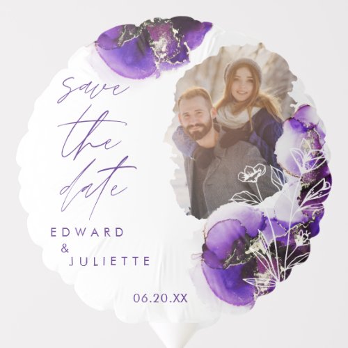 Violet Watercolor Agate Floral Photo Save The Date Balloon