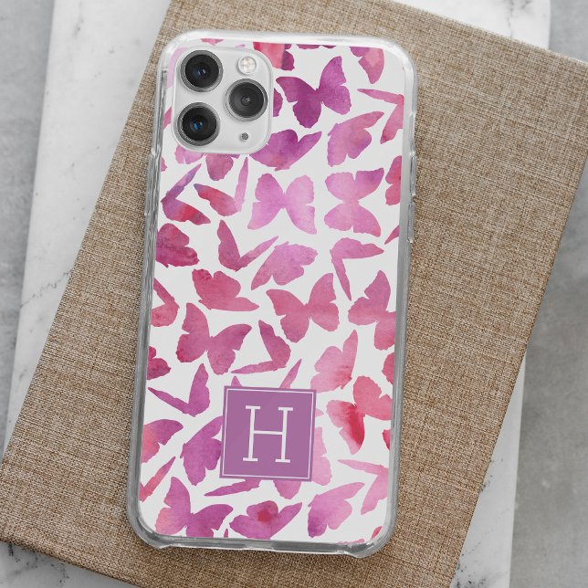 Violet Watercolor Butterflies Monogrammed iPhone 15 Pro Max Case (Creator Uploaded)