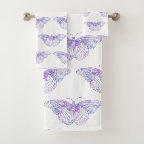 Violet watercolor Butterfly Pattern 2 Bath Towel Set