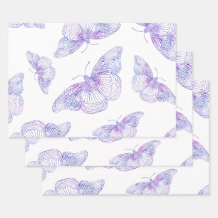 Violet Watercolor Butterfly Pattern Wrapping Paper Sheets