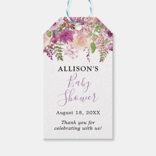 Violet Watercolor Floral Baby Shower Gift Tags