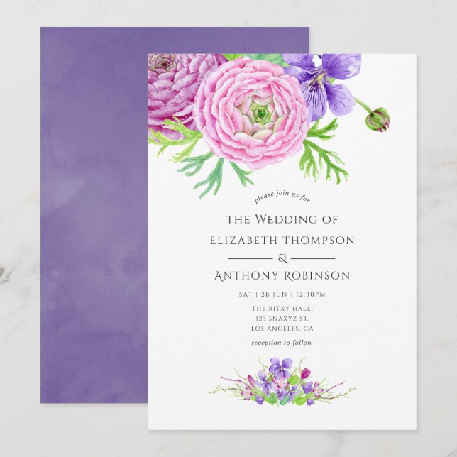 Violet Watercolor Floral Wedding Invitation (Front/Back)