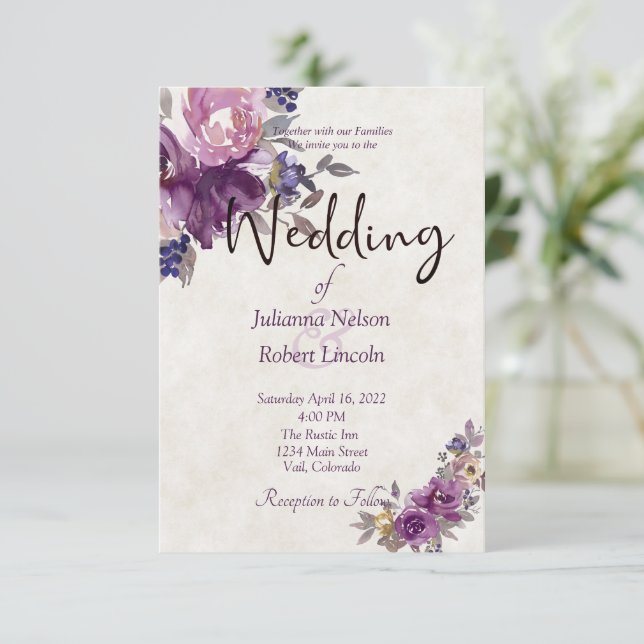 Violet watercolor floral wedding invitation (Standing Front)