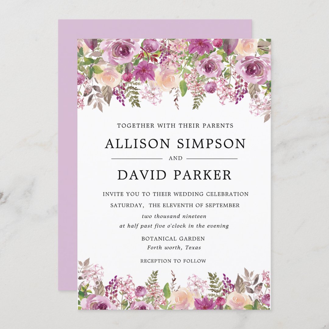 Violet Watercolor Floral Wedding Invitation Cards | Zazzle