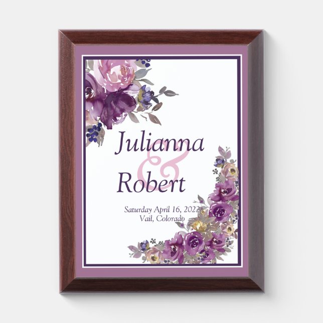 Violet watercolor floral wedding memory Plaque (Vertical)