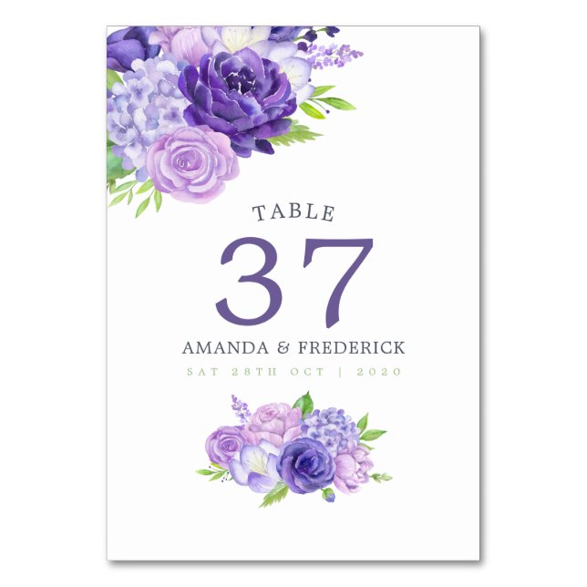 Violet Watercolor Floral Wedding Table Number (Front)
