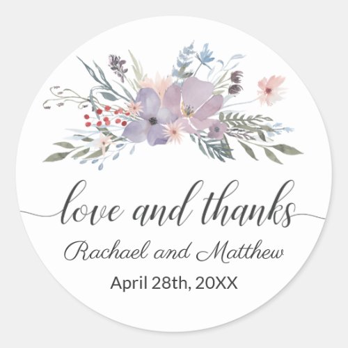 Violet Watercolor Floral Wedding Thank You Classic Round Sticker