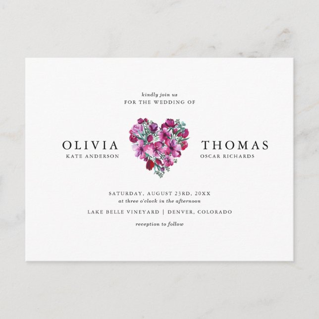 Violet Watercolor Flowers Heart Bouquet Wedding  Invitation Postcard (Front)