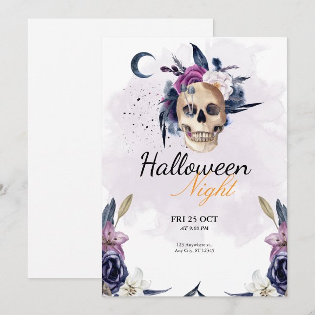 Violet Watercolor Halloween Party Gothic Skull  Invitation (Front/Back)