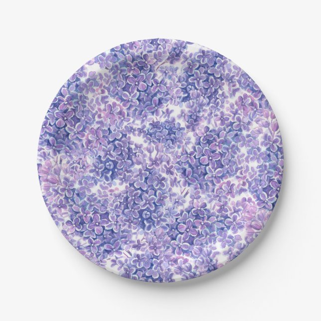 Violet watercolor lilac flowers paper plates (Front)