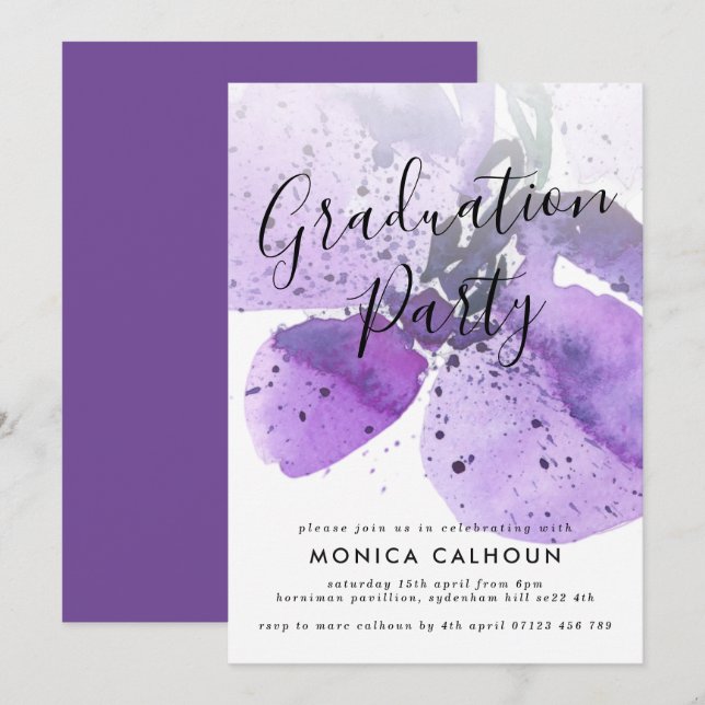 Violet Watercolor Orchid Graduation Party Invitation (Front/Back)