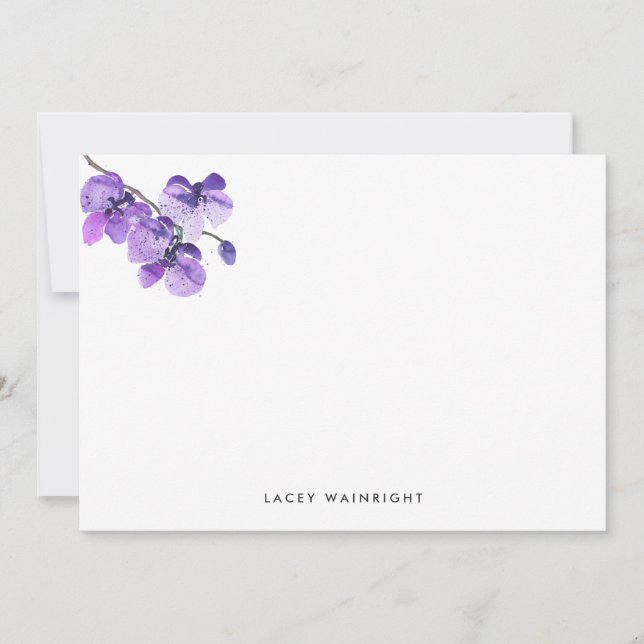 Violet Watercolor Orchid Personalized Stationery Note Card (Front)