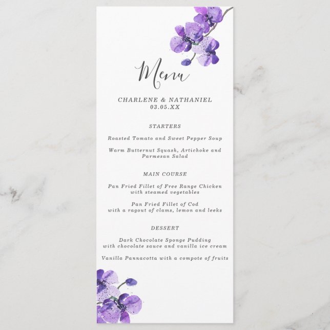 Violet Watercolor Orchid Wedding Menu (Front)