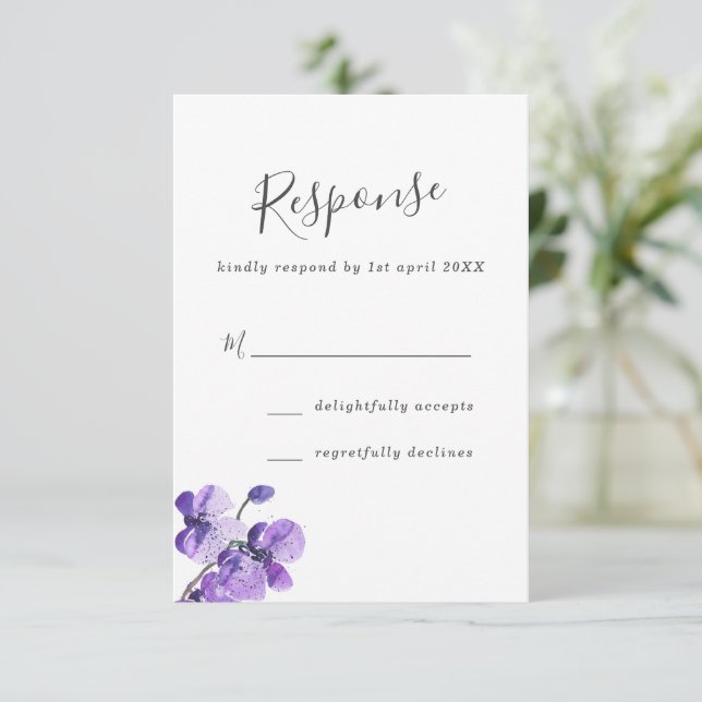 Violet Watercolor Orchids Wedding RSVP (Standing Front)