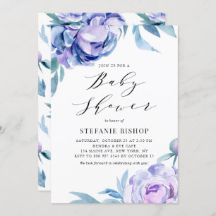 Violet Watercolor Peonies Floral Baby Shower Invitation
