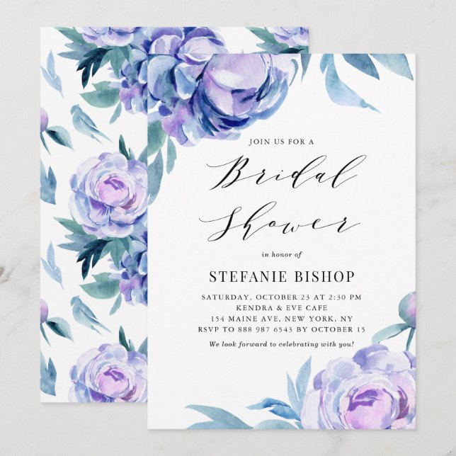 Violet Watercolor Peonies Floral Bridal Shower Invitation (Front/Back)