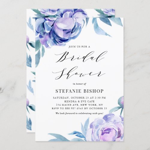 Violet Watercolor Peonies Floral Bridal Shower Invitation