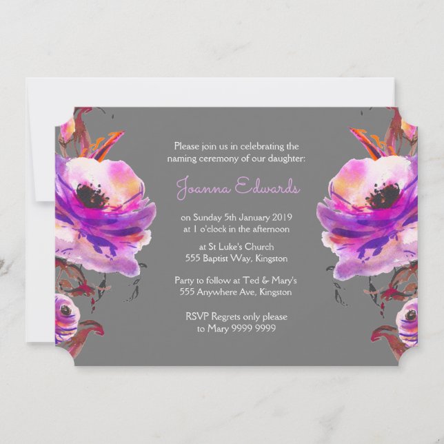 Violet Watercolor Poppies Naming Ceremony Invite (Front)