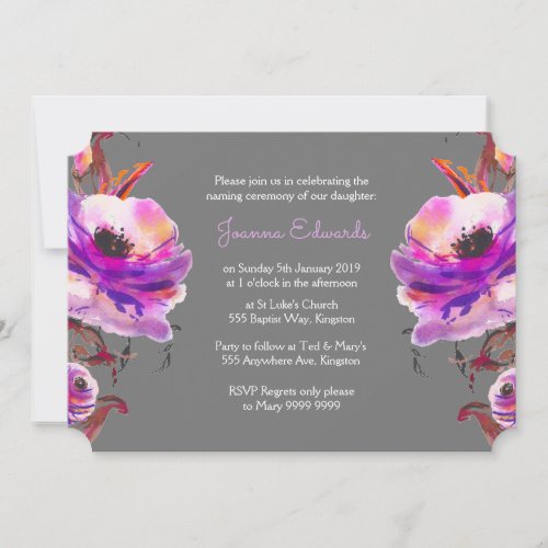 Violet Watercolor Poppies Naming Ceremony Invite