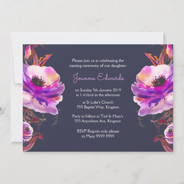 Violet Watercolor Poppies Naming Ceremony Invite (Front)