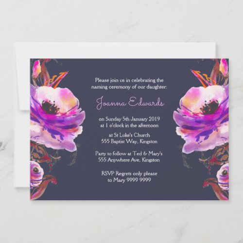 Violet Watercolor Poppies Naming Ceremony Invite