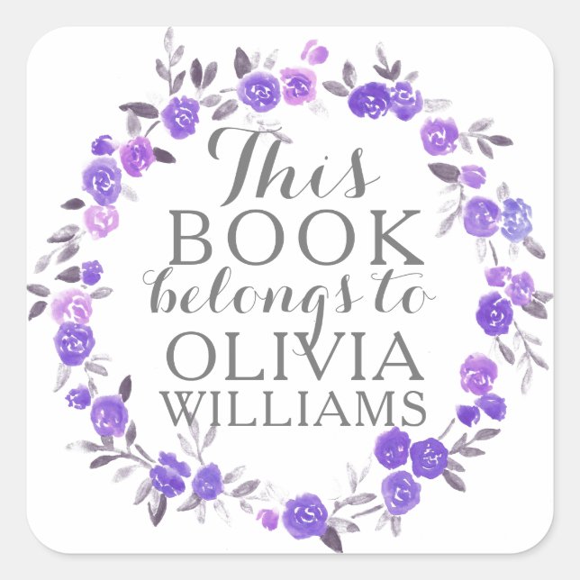Violet Watercolor Roses This Book Belongs Stickers (Front)