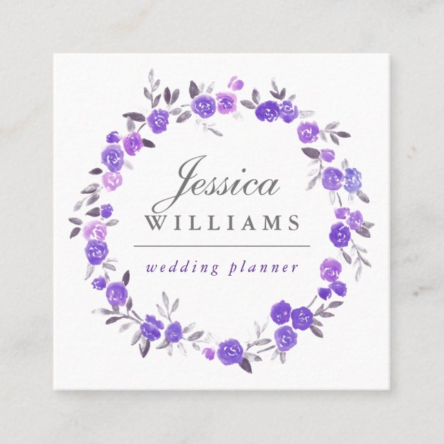 Violet Watercolor Roses Wreath Business Card (Front)