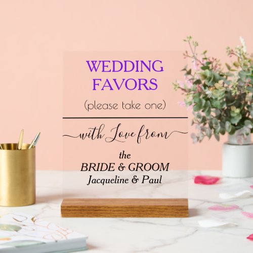 Violet Wedding Favors Typography NAMES Clear Acrylic Sign