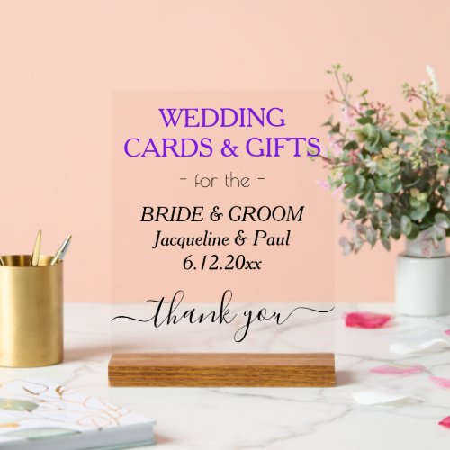 Violet Wedding NAMES Cards Gifts Clear Acrylic Sign
