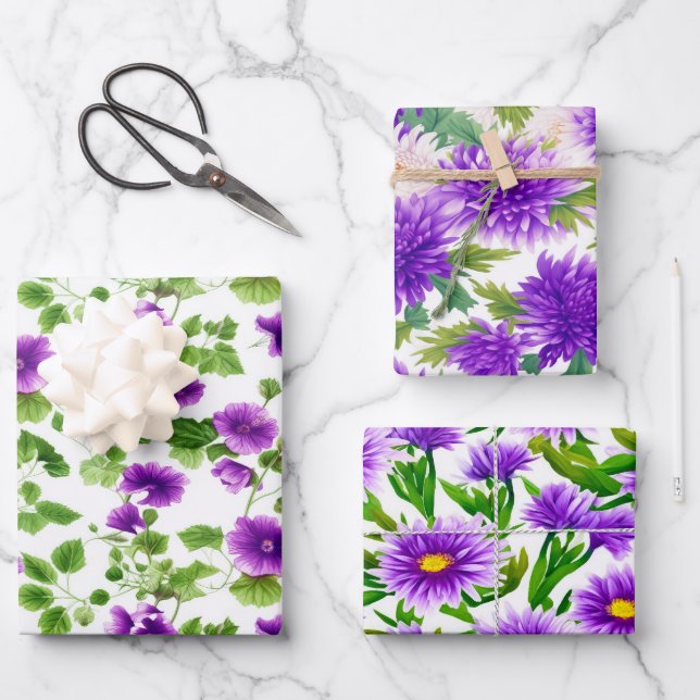 Violet Whispers, Purple Floral  Wrapping Paper Sheets (Front)
