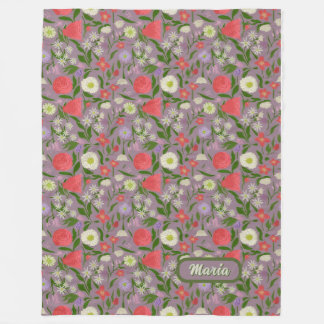 Violet White And Pink Flowers Fleece Blanket