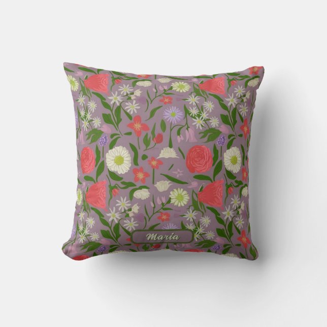 Violet White And Pink Flowers Throw Pillow (Front)