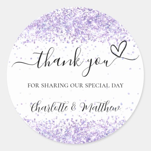 Violet white confetti thank you wedding classic round sticker