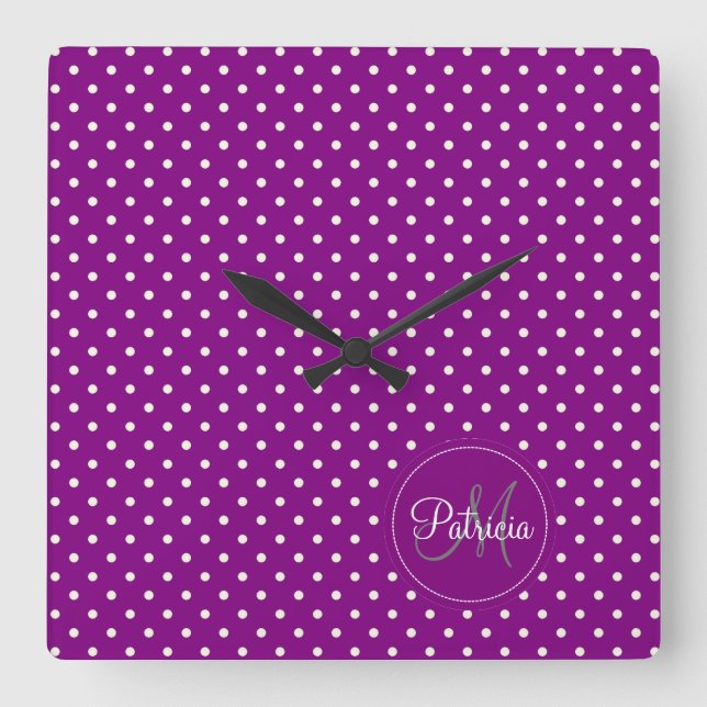 Violet & White Dots Custom Name Monogrammed Square Wall Clock (Front)