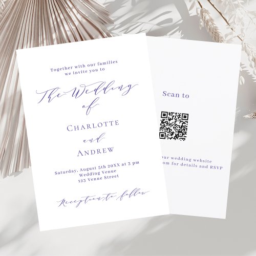 Violet white formal script QR code RSVP wedding Invitation