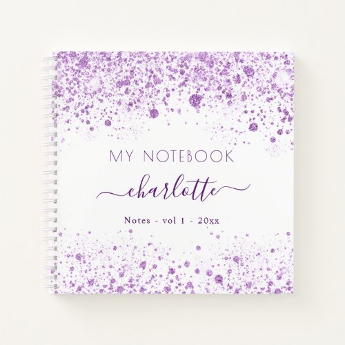 Violet white glitter dust purple name script  notebook