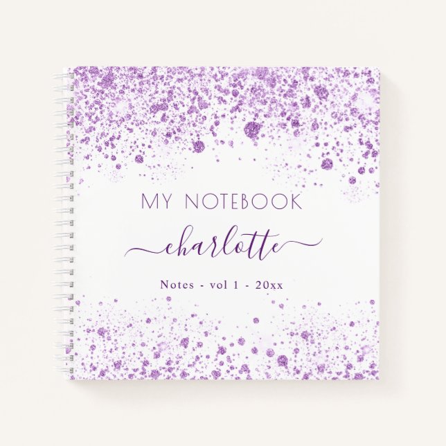 Violet white glitter dust purple name script  notebook (Front)