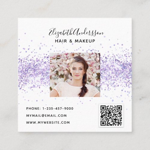 Violet white glitter profile photo qr code square business card