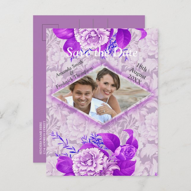Violet/ White Rose Flowers on Green pattern paper  Announcement Postcard (Front/Back)