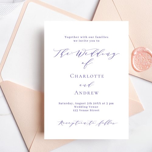 Violet white simple formal script luxury wedding invitation