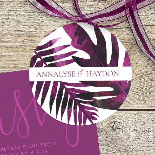 Violet Wild Berry Pink Tropical Leaves Wedding Classic Round Sticker