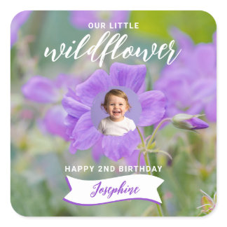 Violet Wildflower Custom Photo Happy Birthday Square Sticker