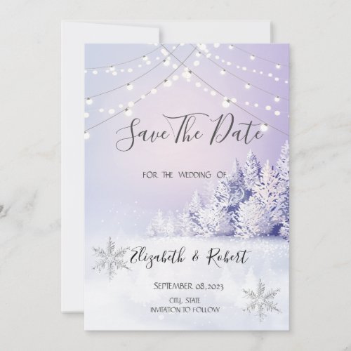 Violet Winter  Forest Snow Lights Save The Date
