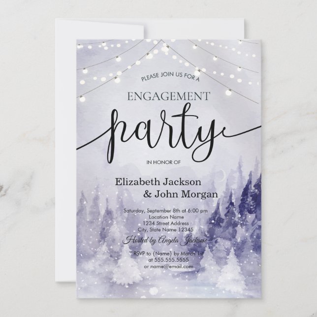 Violet Winter Landscape Snow Engagement   Invitation (Front)