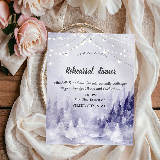 Violet Winter Landscape Snow Rehearsal Dinner Invitation (Creator Uploaded)
