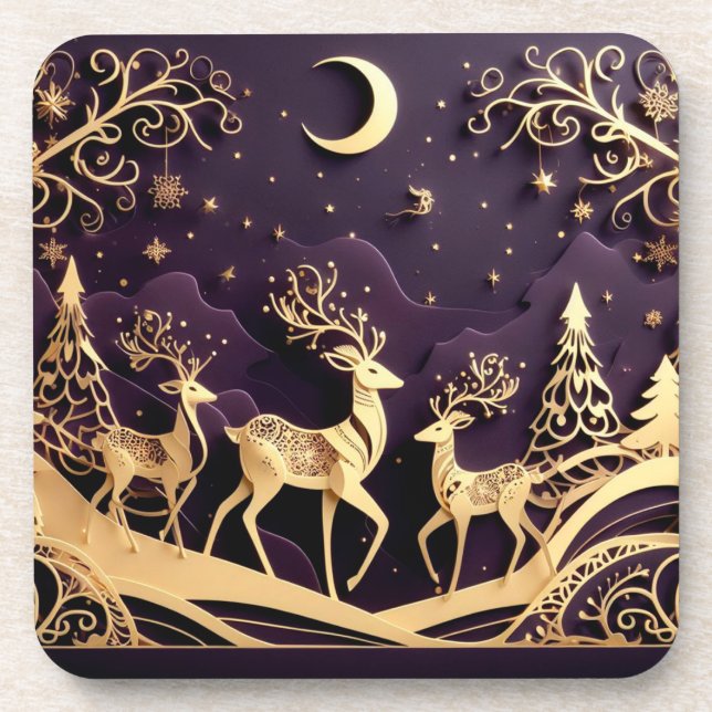 Violet Winter Whimsy – Moonlit Deer Christmas Beverage Coaster (Front)